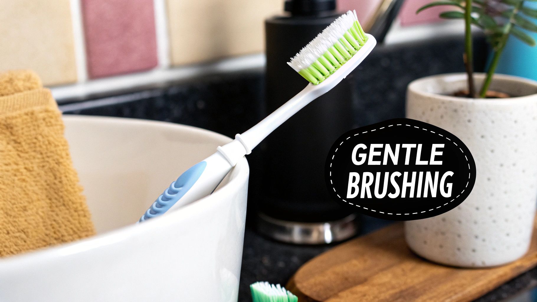 A white toothbrush with green and white bristles sits in a cup, with a towel and plant, next to text 'GENTLE BRUSHING'.