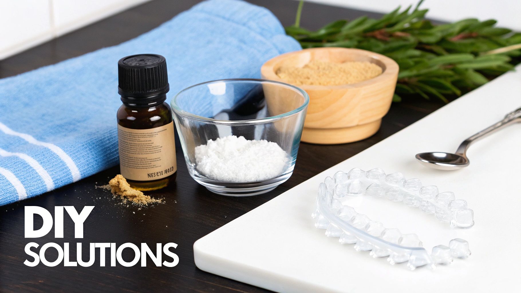 Ingredients for a DIY cleaning solution including baking soda, essential oil, herbs, and a retainer.