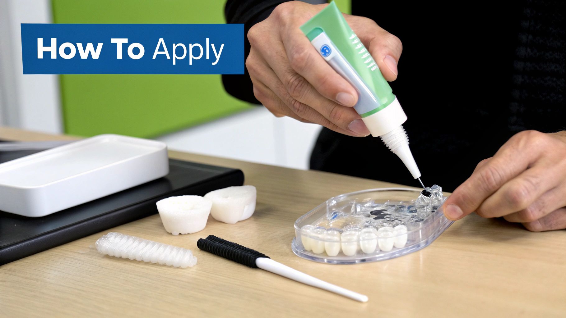 Hands applying tooth desensitizing gel onto a clear dental model with various tools on a wooden table, under a 'How To Apply' banner.