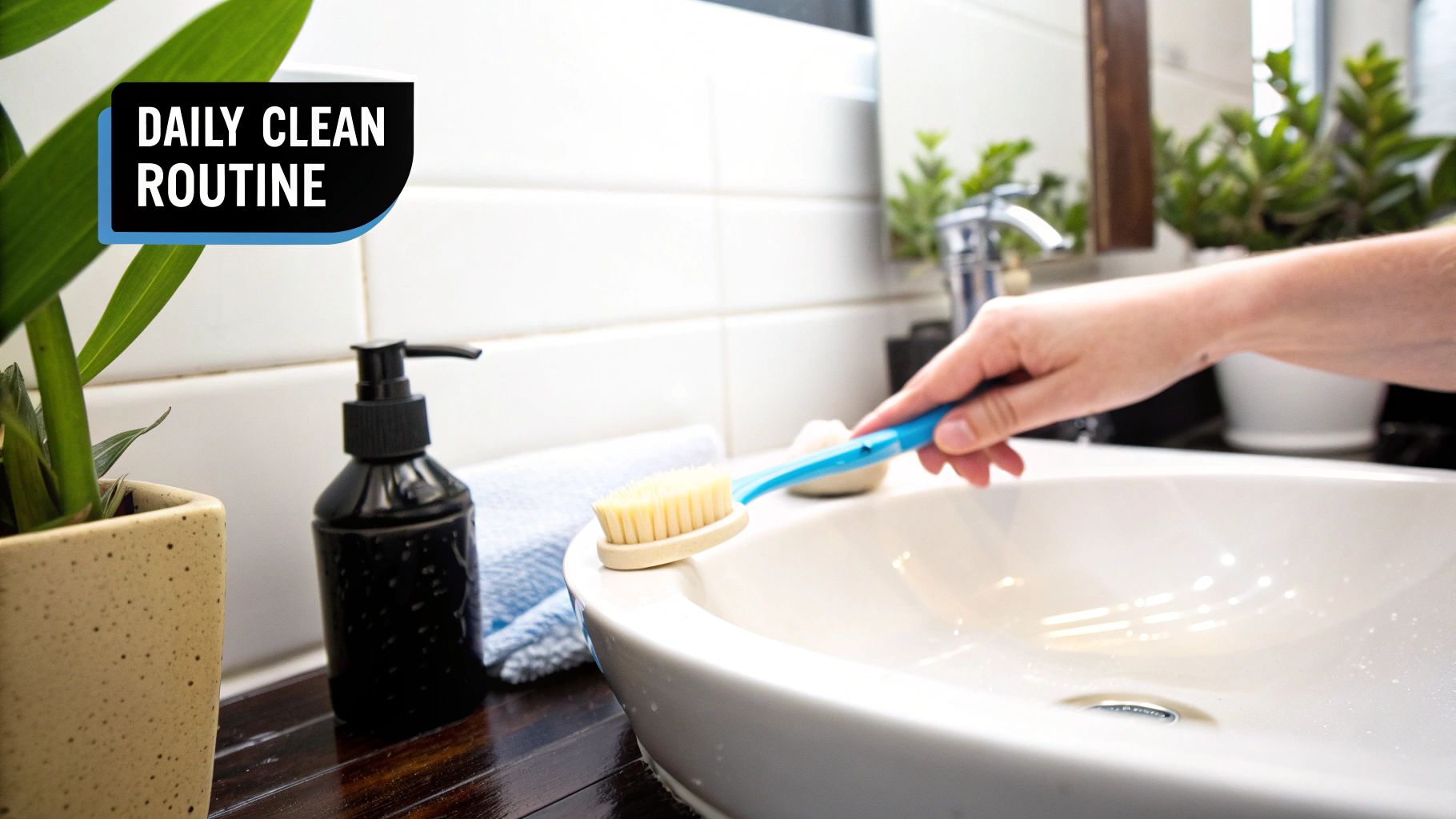 A hand is scrubbing a white bathroom sink with a blue-handled cleaning brush, depicting a daily clean routine.