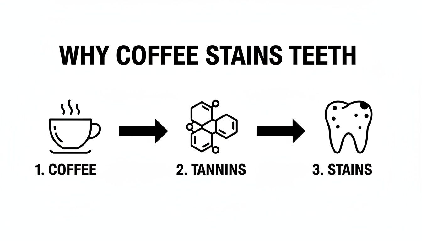 Infographic illustrating the process of how coffee stains teeth, linking coffee to tannins and then to stains.
