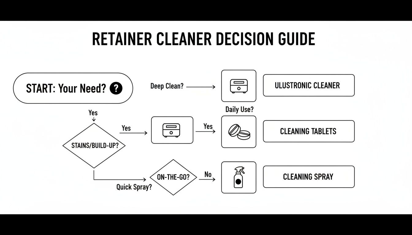 Flowchart guiding users to select a retainer cleaner based on deep clean, stains, and daily use needs.