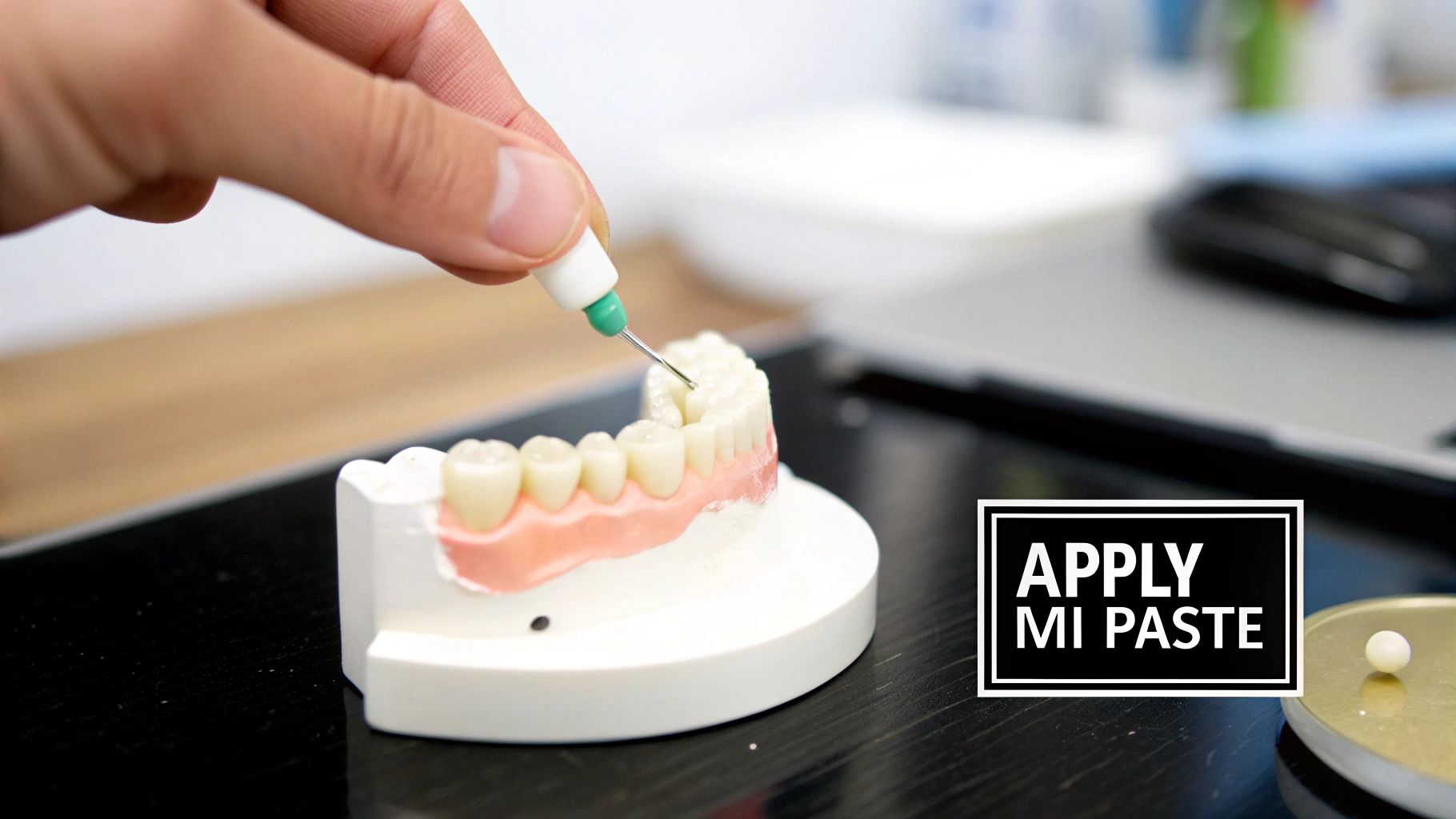 A hand applies MI paste with a small tool to a dental model of teeth and gums.