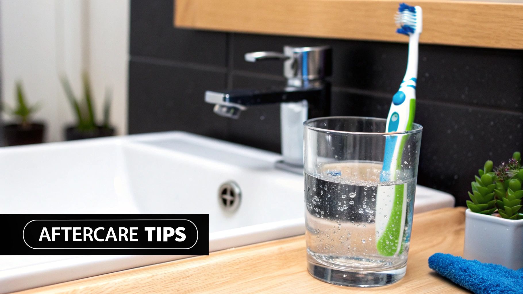 A toothbrush in a glass of water, with a bathroom sink and faucet in the background.
