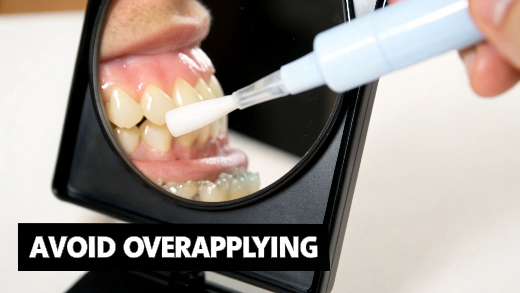 Close-up of a person applying teeth whitening gel with a pen, reflected in a mirror, with text indicating to avoid overapplying.