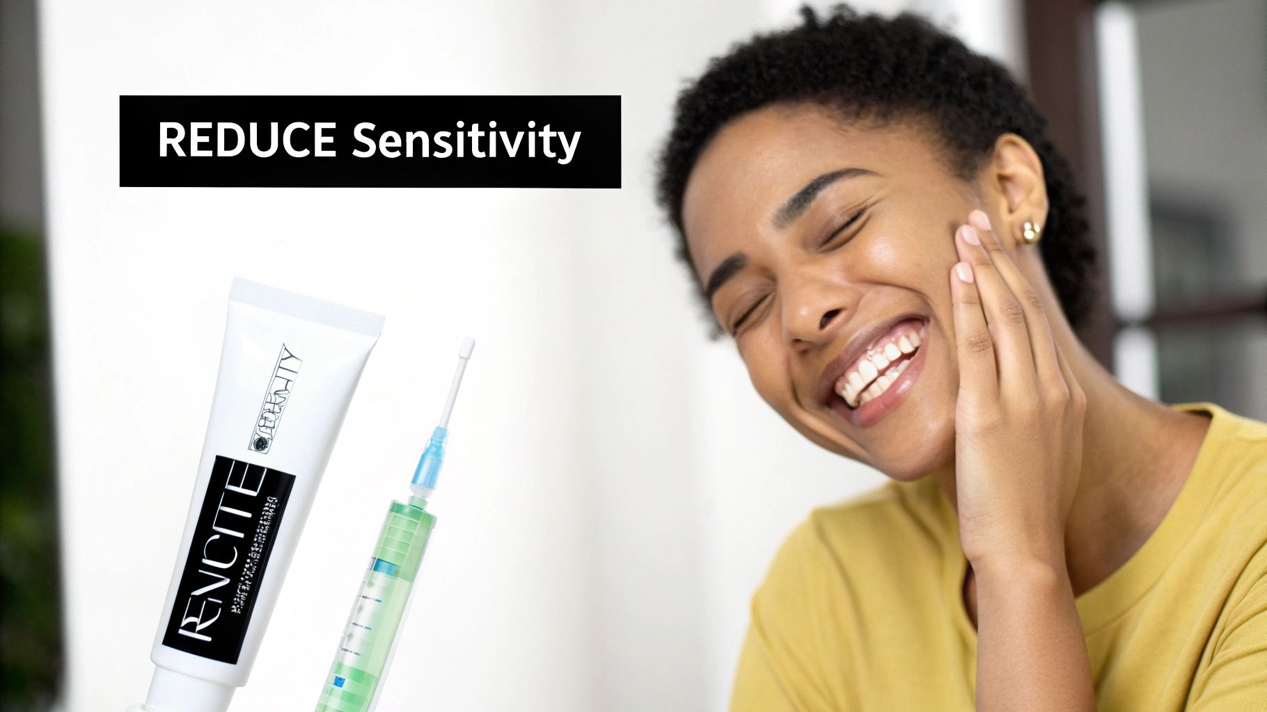 A happy woman smiles while touching her face, next to dental products and 'REDUCE Sensitivity' text.