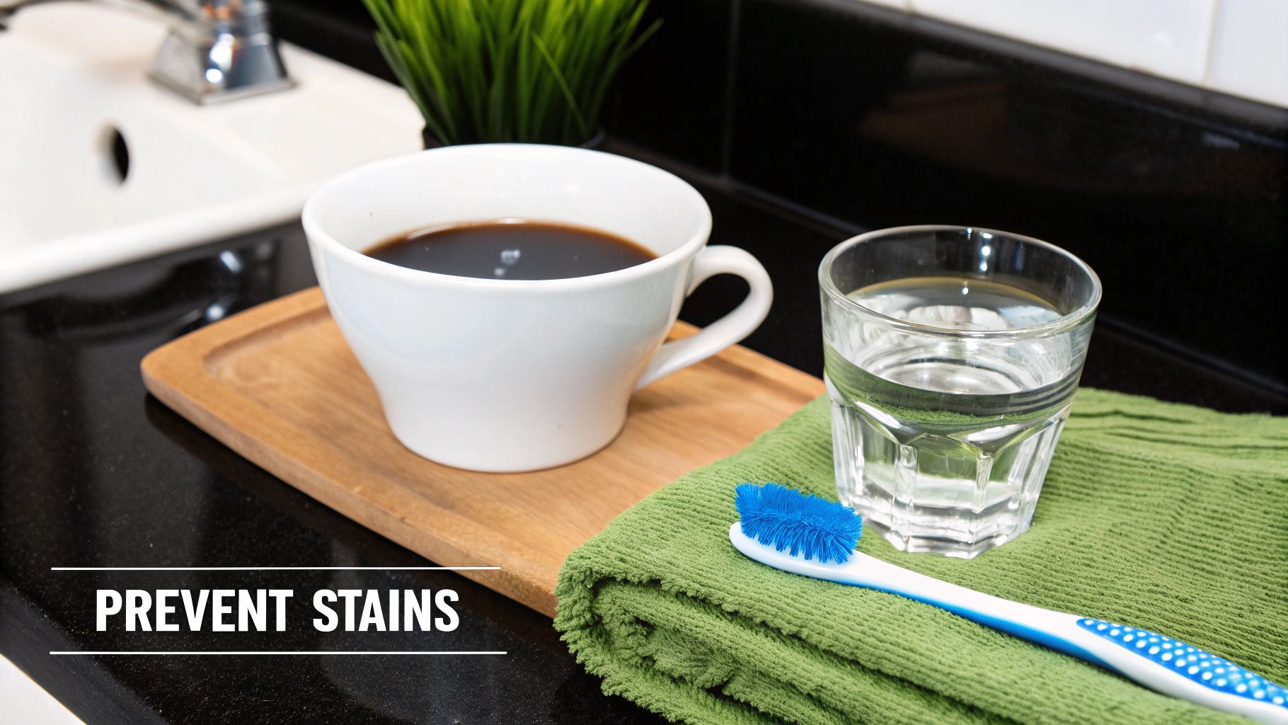 A toothbrush, a glass of water, and a cup of coffee on a counter, suggesting teeth stain prevention.