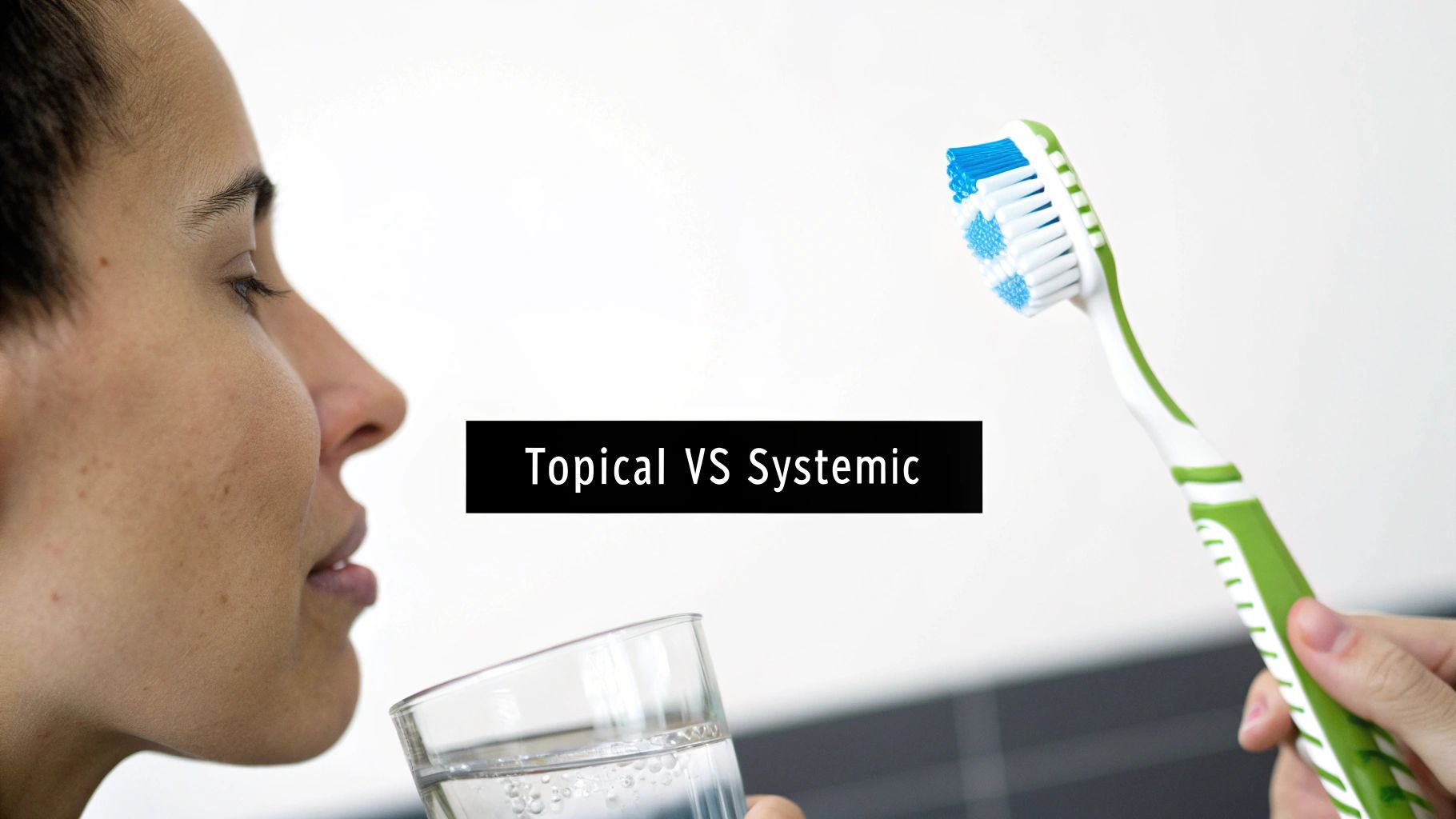 A person with a glass of water and a hand holding a toothbrush, comparing topical vs systemic.