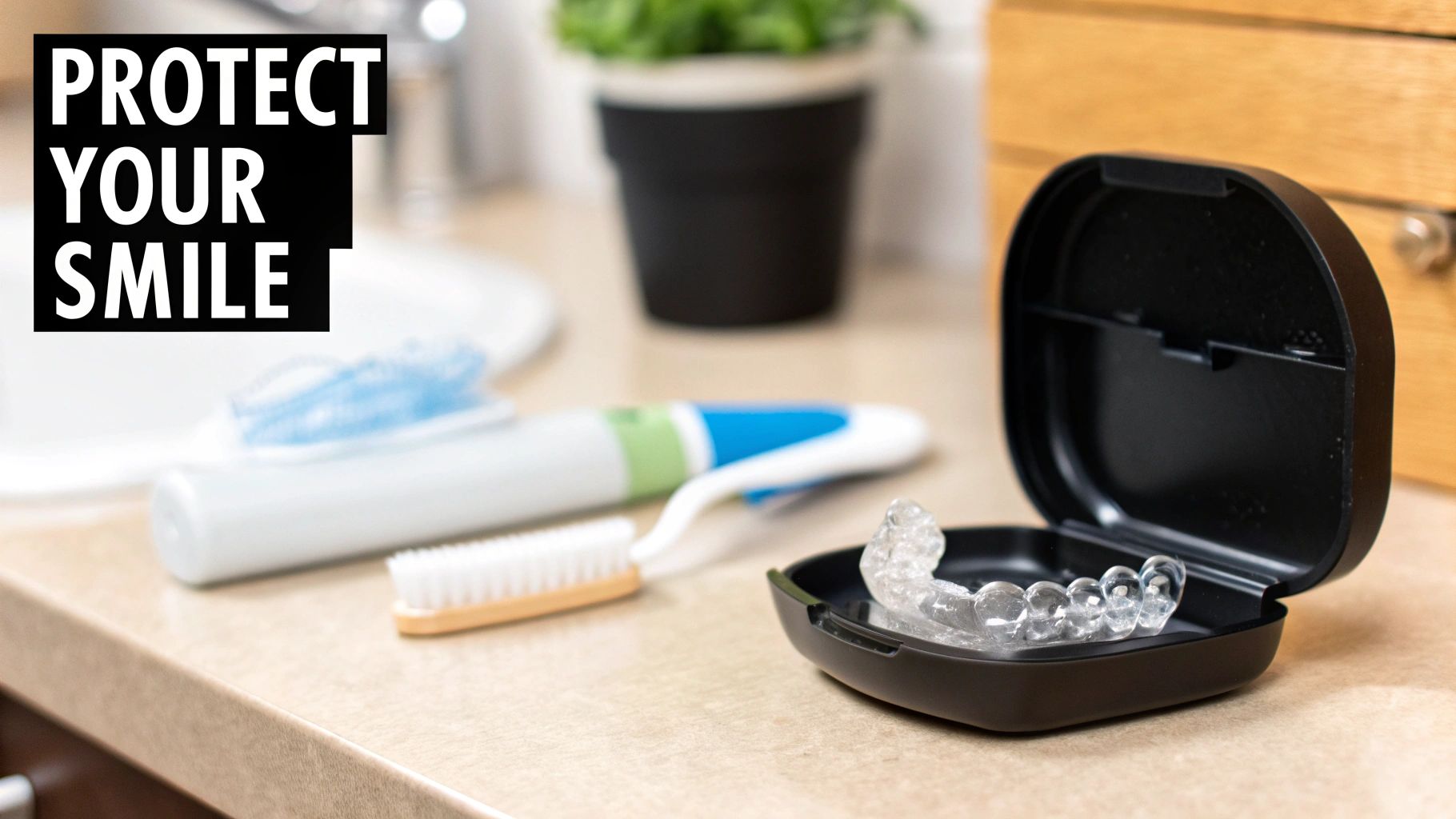 Protect your smile with good oral hygiene, featuring a retainer, toothbrushes, and toothpaste.