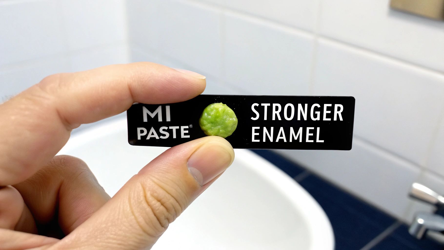 A hand holds a black MI PASTE label with a pea-sized green amount, promoting stronger tooth enamel.