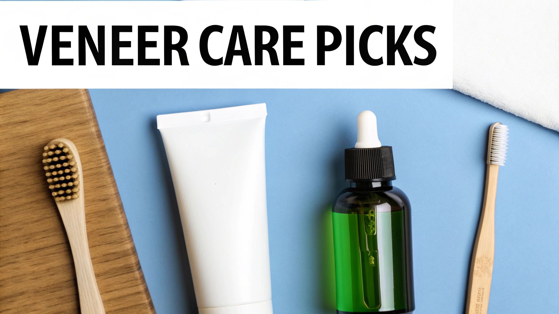 Veneer care flat lay with two bamboo toothbrushes, a white tube, and a green dropper bottle.