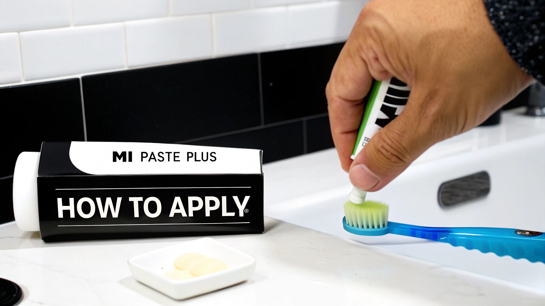 A person's hand squeezes MI Paste Plus onto a blue toothbrush, showing application instructions.
