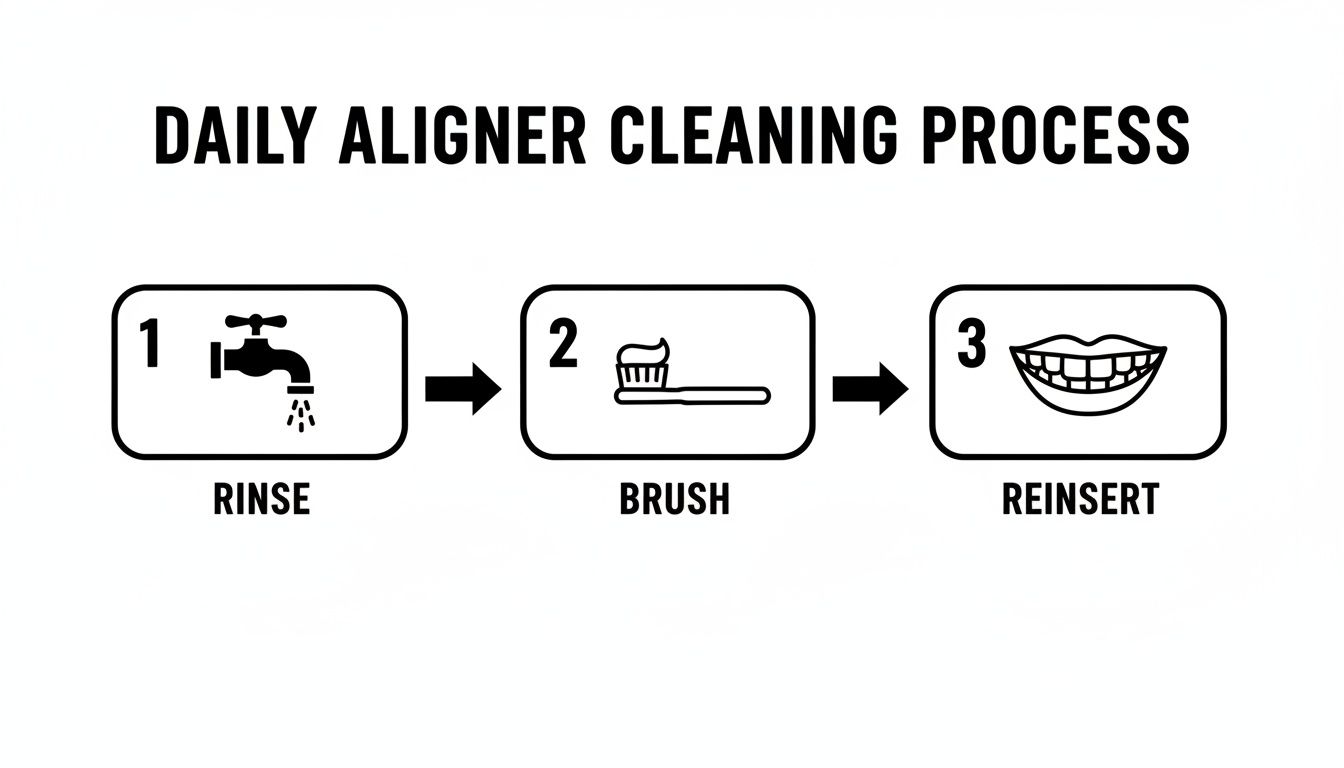 A diagram illustrates the daily aligner cleaning process with three simple steps: rinse, brush, and reinsert.