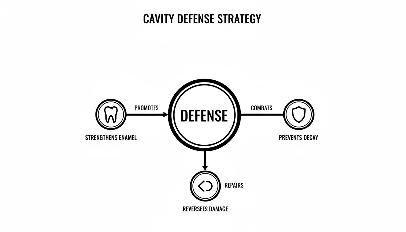 Diagram illustrating a cavity defense strategy by promoting enamel strength, combating decay, and repairing damage.