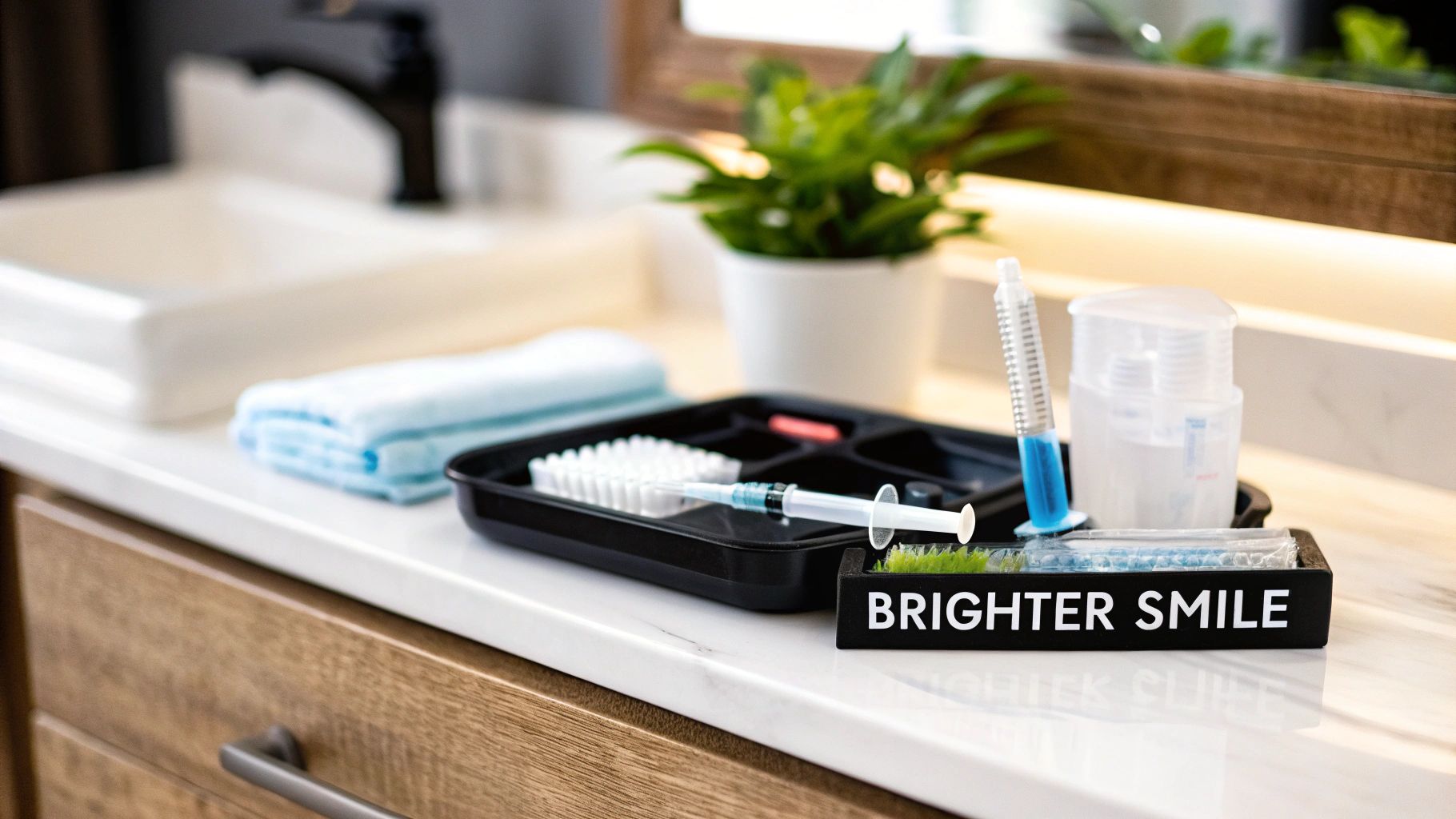 A home teeth whitening kit with a syringe, brushes, and towels on a bathroom counter.
