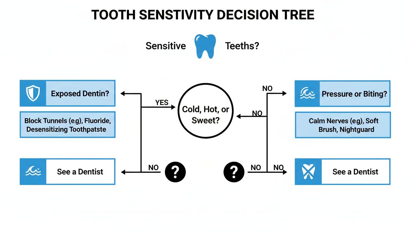 A tooth sensitivity decision tree flowchart guiding users through symptoms like cold, hot, sweet, pressure, or biting.