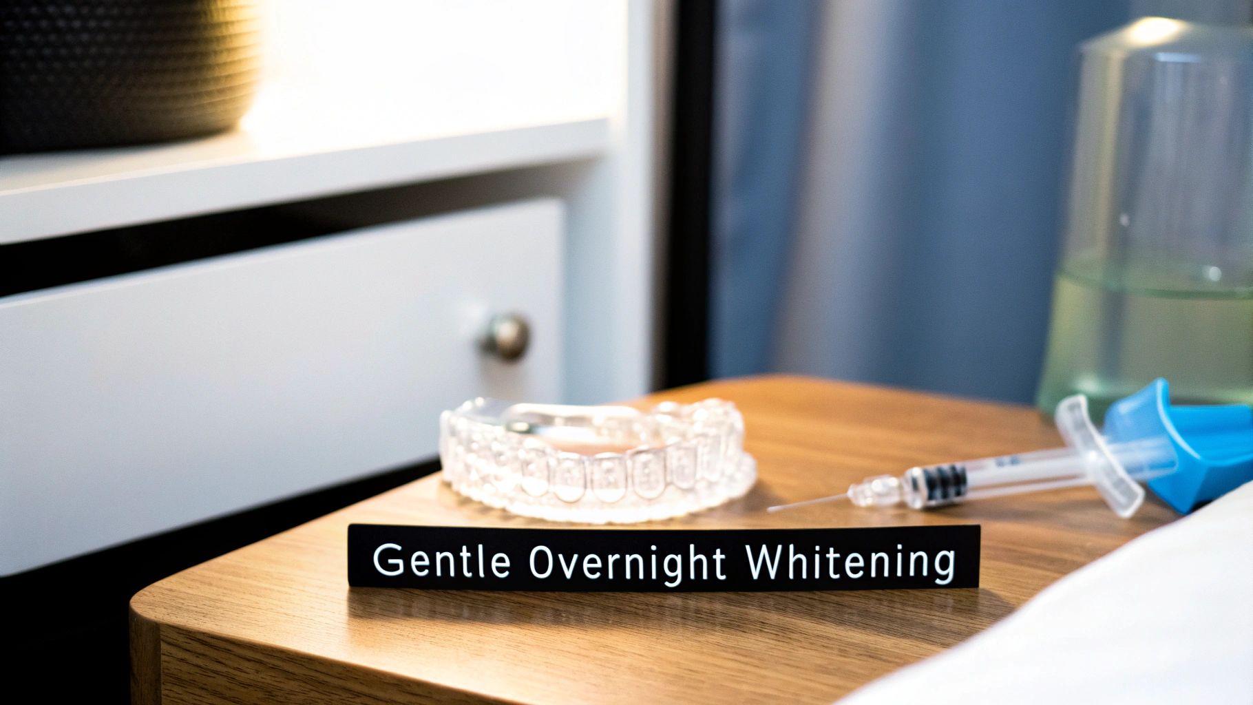 A dental tray, a syringe with whitening gel, and a 'Gentle Overnight Whitening' sign on a wooden nightstand.