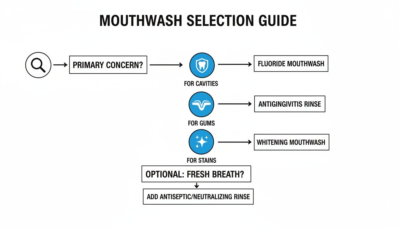 Flowchart guiding mouthwash selection based on primary concerns like cavities, gums, stains, and optional fresh breath.