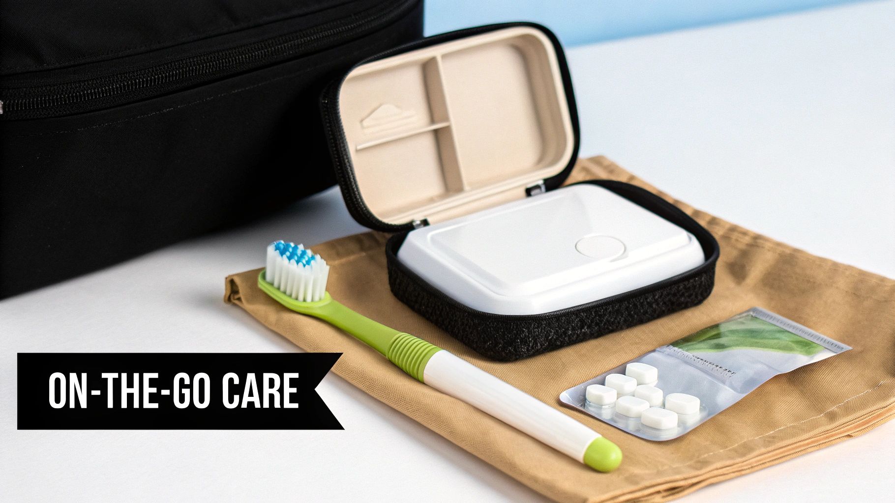Essentials for on-the-go care including a toothbrush, travel case, and white tablets next to a black bag.
