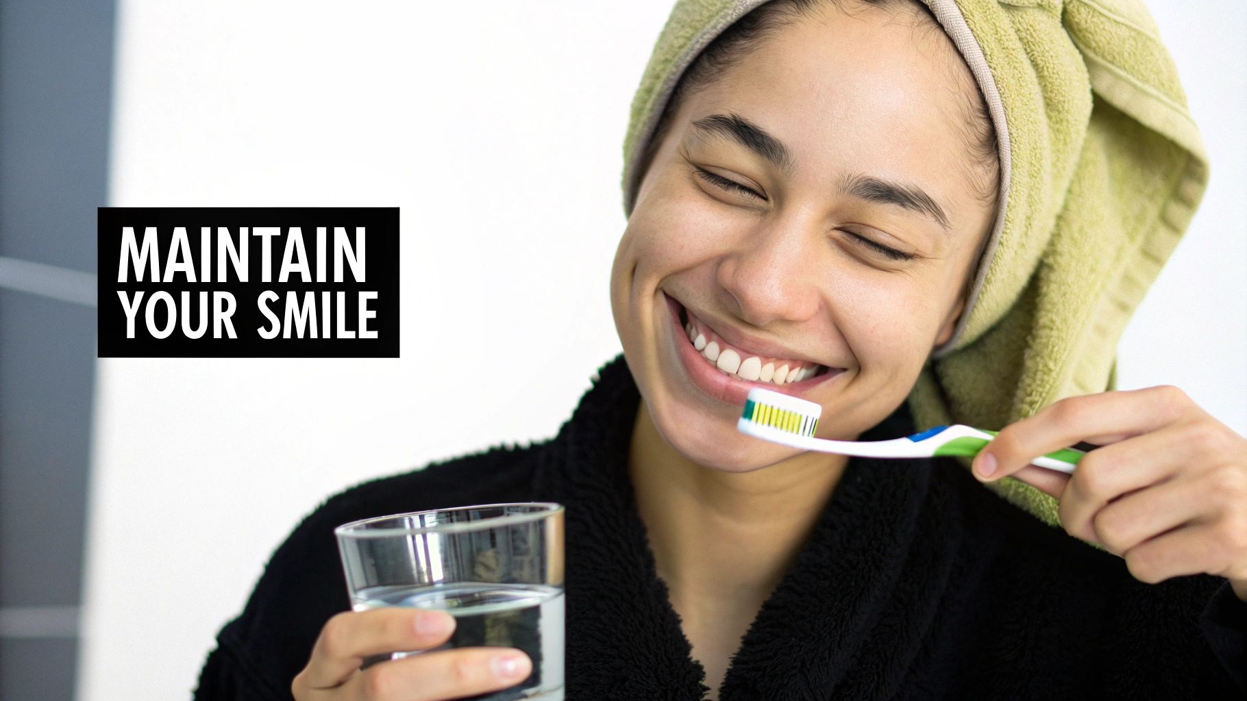 A smiling woman with a towel on her head brushes her teeth, holding a glass of water, with "MAINTAIN YOUR SMILE" text.