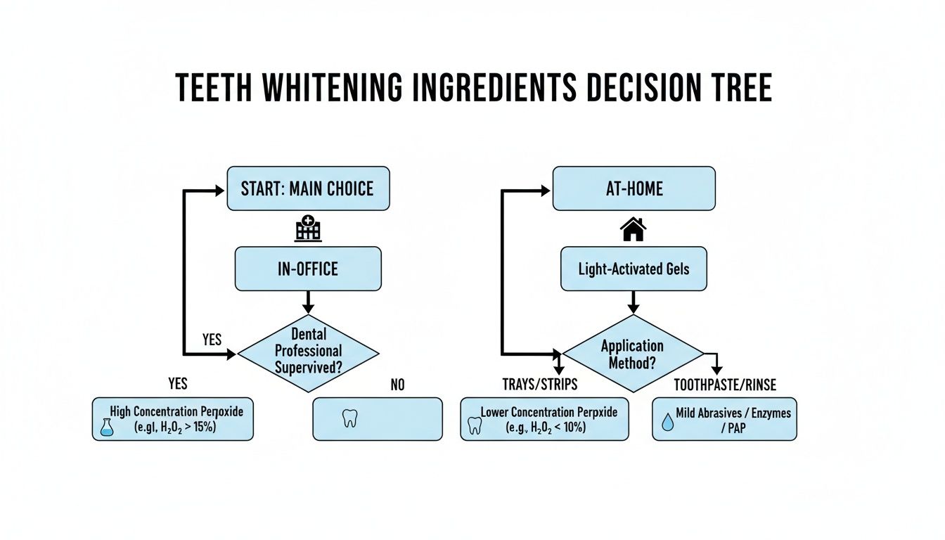Decision tree illustrating teeth whitening ingredients, distinguishing between in-office and at-home treatment options.
