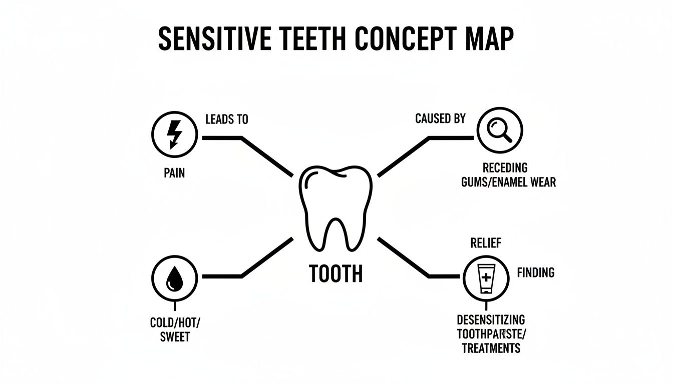 A concept map showing sensitive teeth, causes like receding gums, symptoms of pain from cold/hot/sweet, and relief.