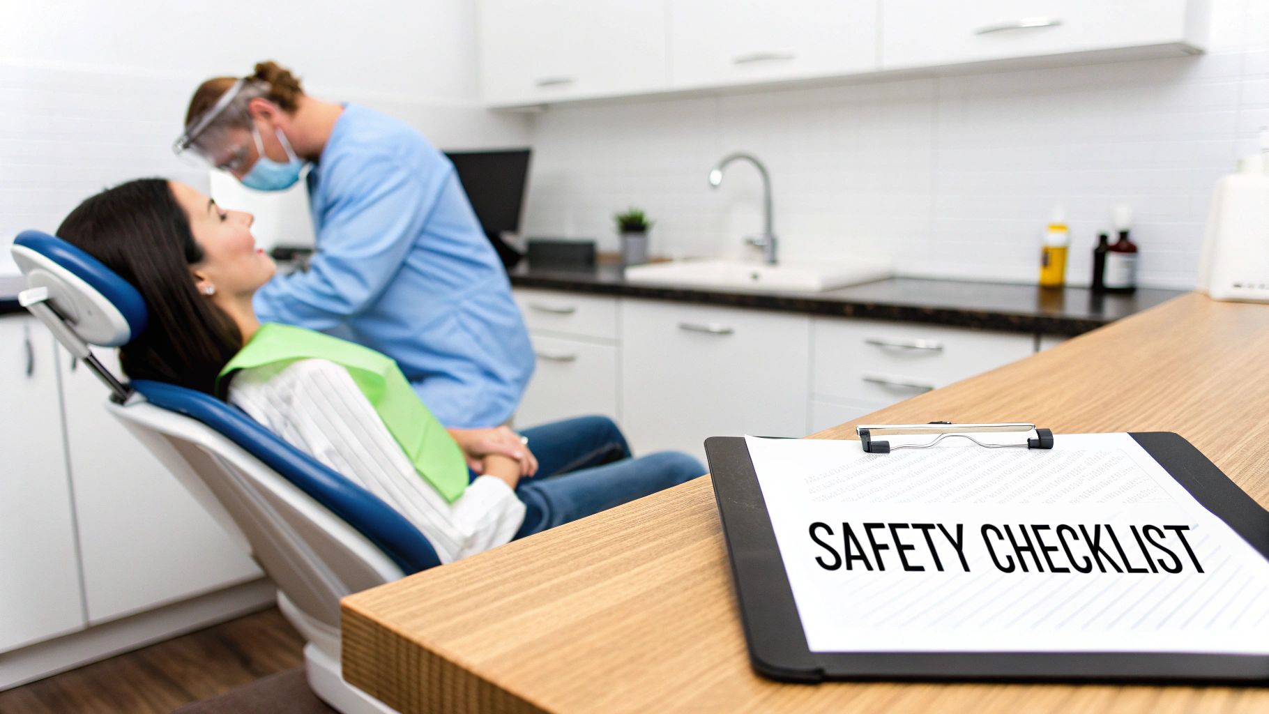 A dental professional with a face shield treats a patient, with a safety checklist on the foreground desk.