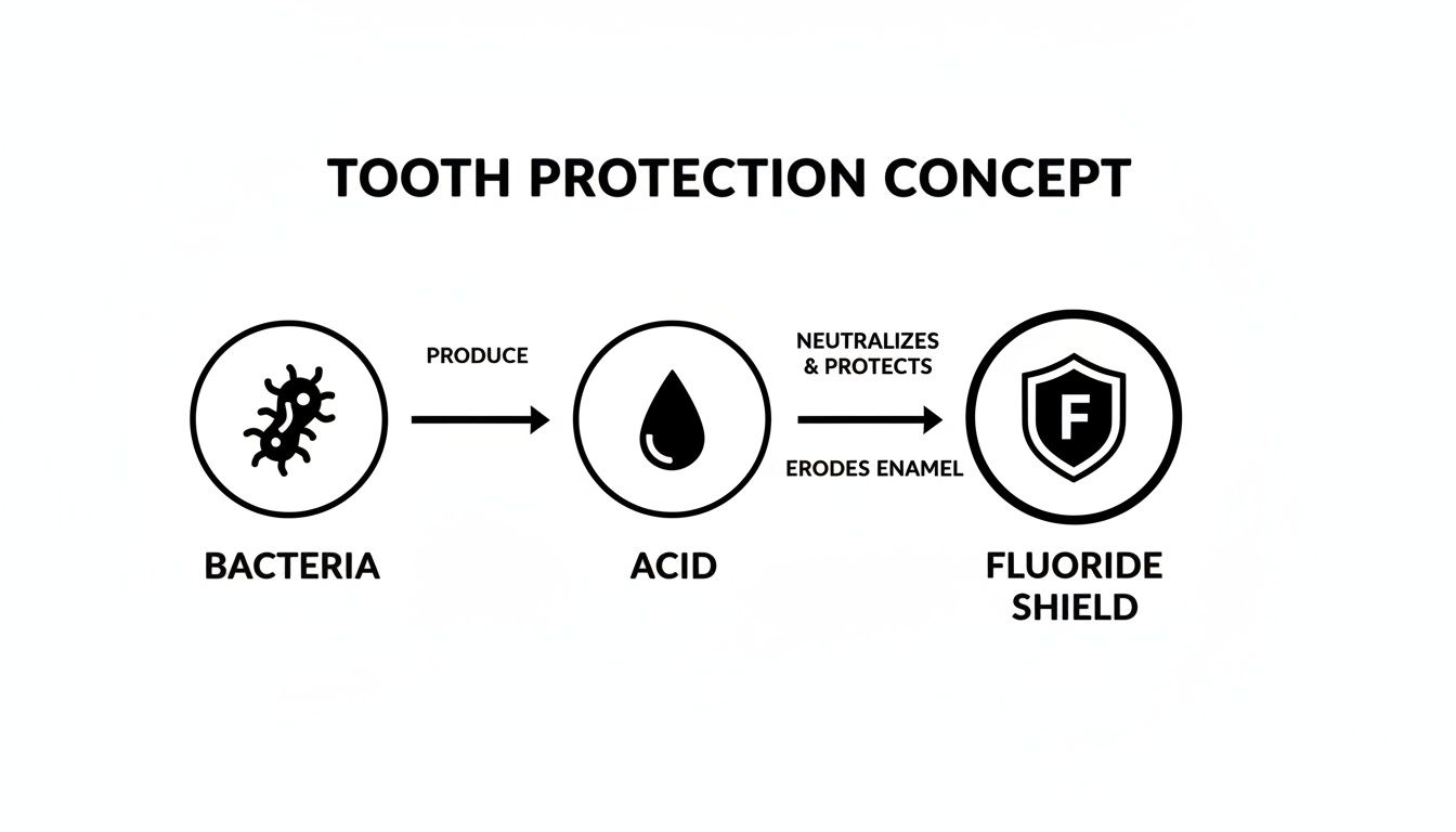 Diagram showing how bacteria produce acid, which erodes enamel, and how fluoride shield neutralizes and protects teeth.