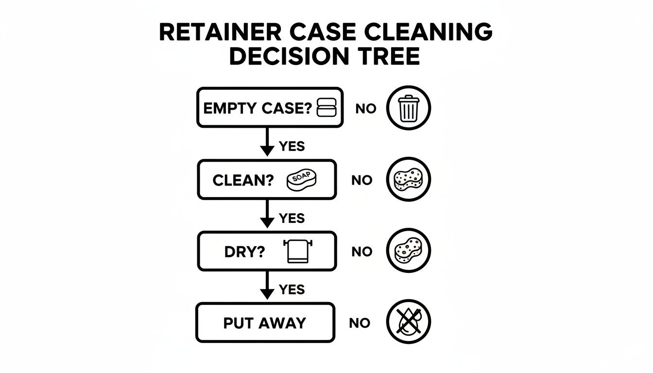 A retainer case cleaning decision tree flowchart showing steps: Empty Case?, Clean?, Dry?, and Put Away.