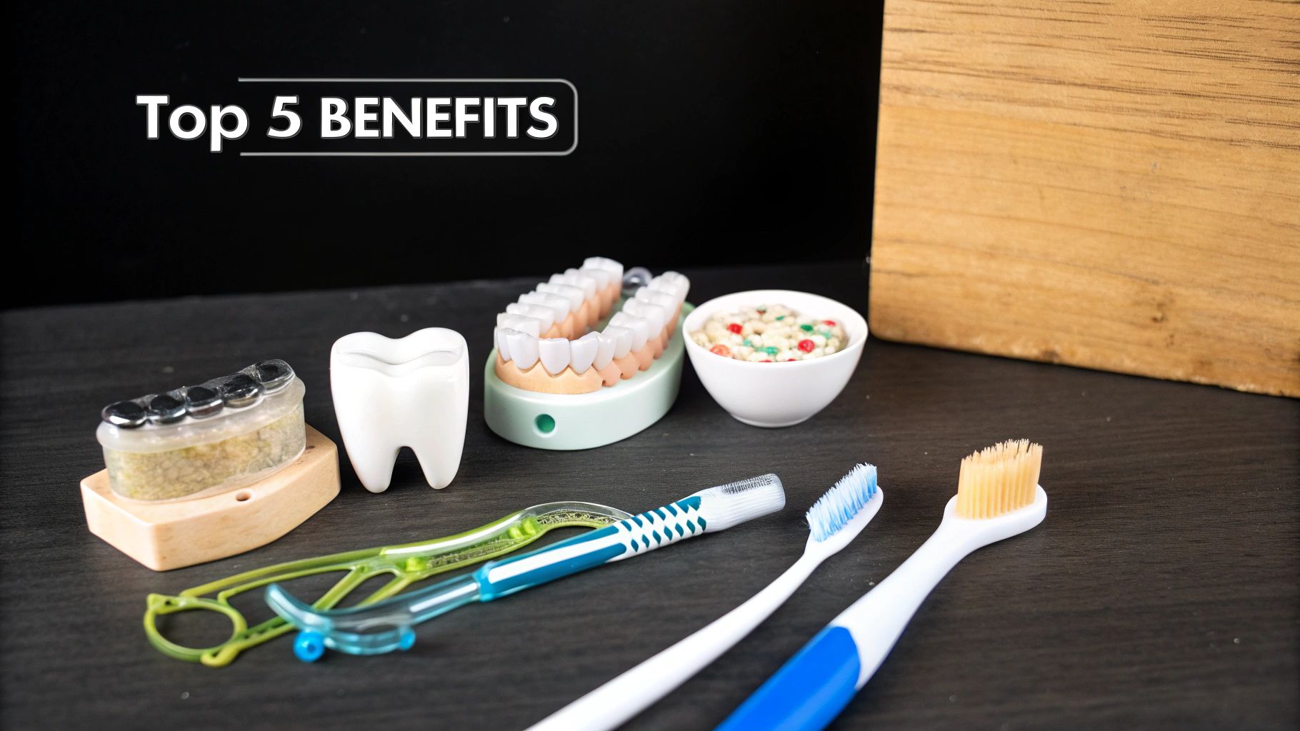 Various dental hygiene products, tooth models, and dental care items on a dark surface.