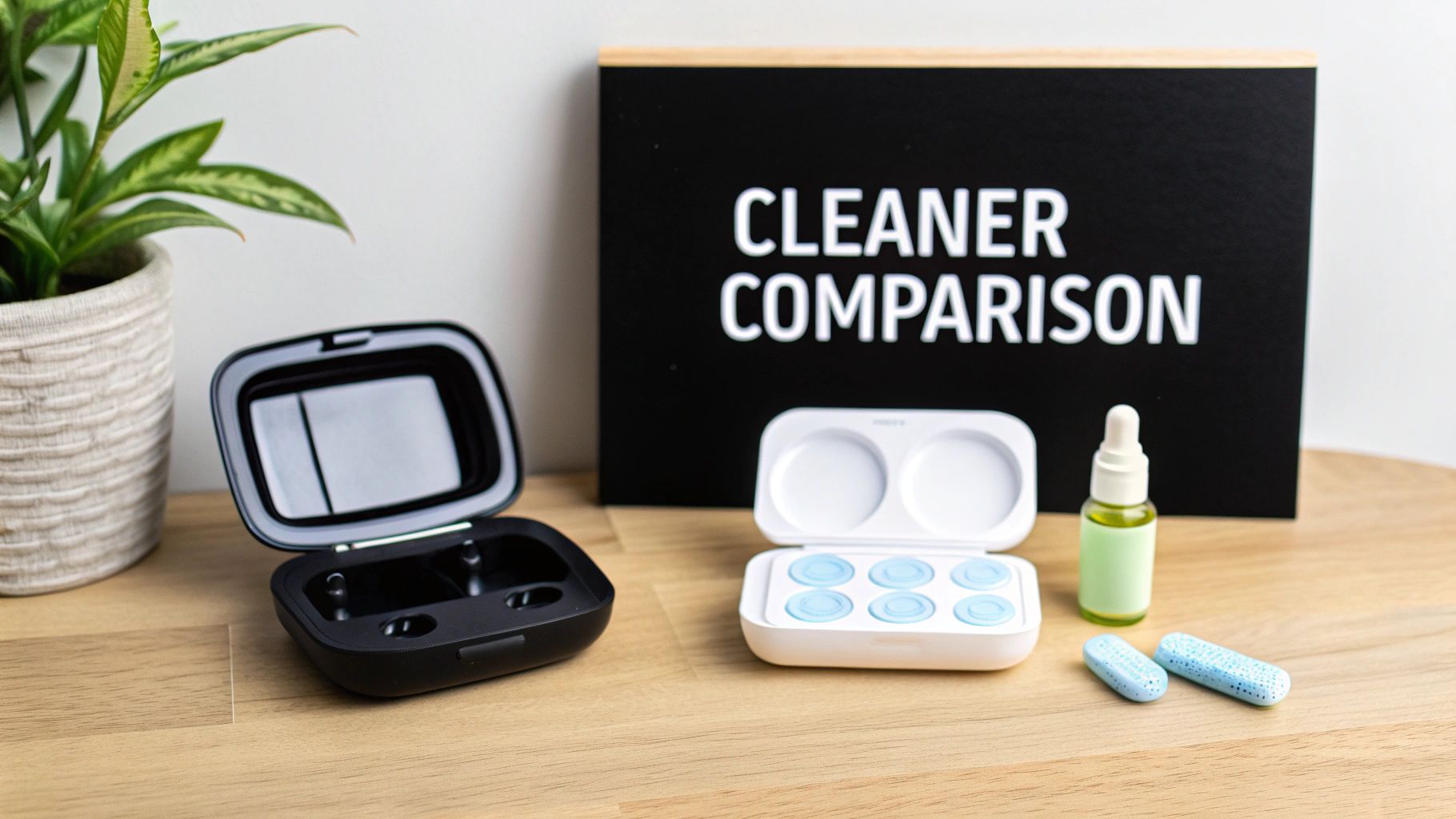 Various retainer cleaning products, including two open cases, blue pads, and a liquid dropper bottle, on a wooden table for comparison.