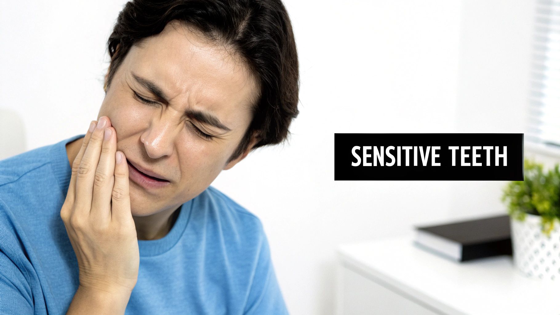 A man grimacing in pain, holding his cheek, indicating toothache or sensitive teeth.