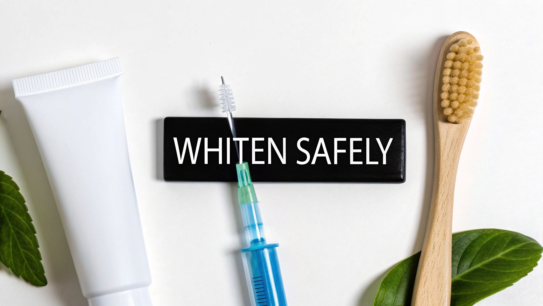 A flat lay of dental hygiene products including a toothpaste tube, wooden toothbrush, and a sign saying 'WHITEN SAFELY'.