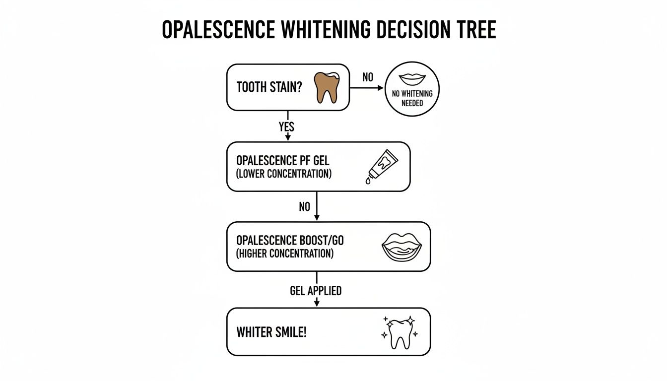 Decision tree for Opalescence teeth whitening, guiding users from tooth stain assessment to product selection.