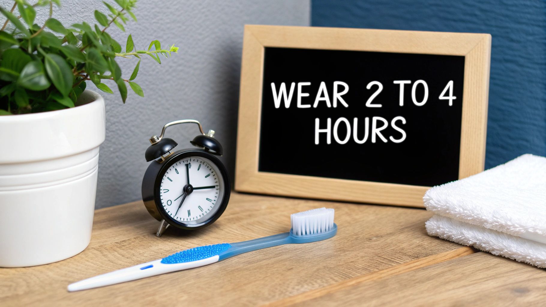 A toothbrush, alarm clock, and potted plant next to a blackboard stating 'WEAR 2 TO 4 HOURS'.
