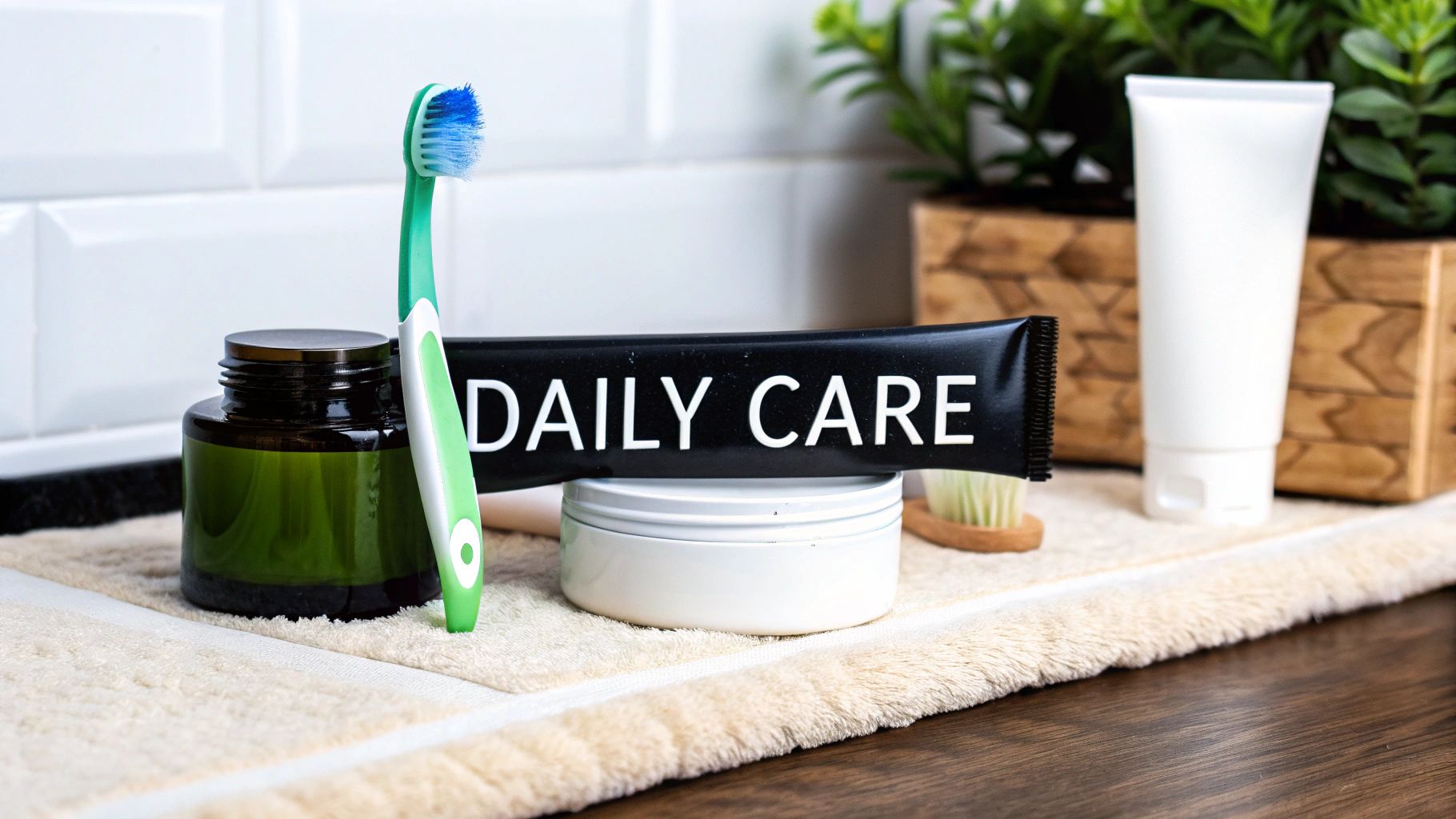 Bathroom counter with a green toothbrush, 'DAILY CARE' tube, jars, and other hygiene products.