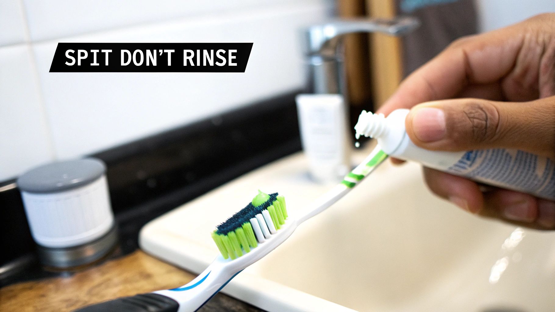 A hand squeezes green toothpaste onto a toothbrush over a bathroom sink, with 'SPIT DON'T RINSE' text.