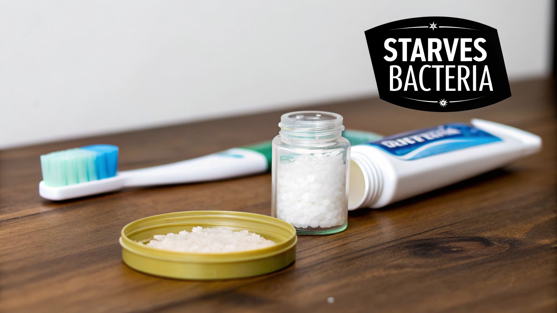 A toothbrush, toothpaste tube, and containers of white powder and pellets on a wooden table, with 'STARVES BACTERIA' text.