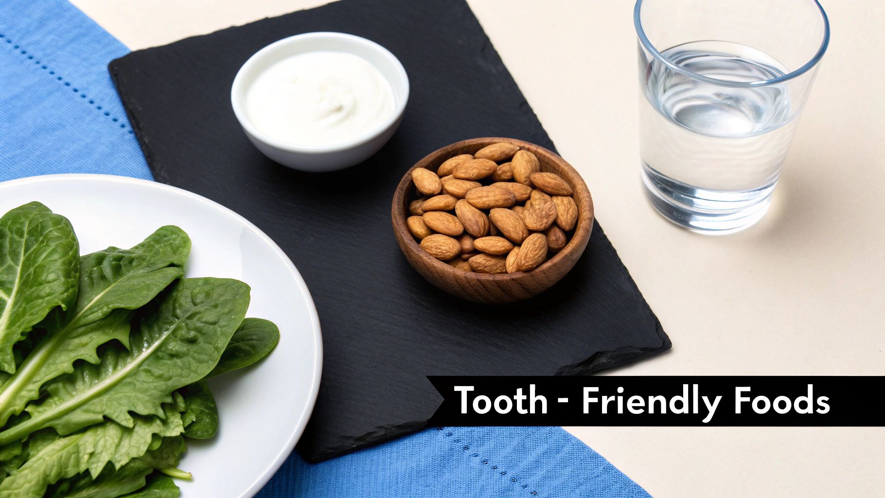 A flat lay of tooth-friendly foods including spinach, yogurt, almonds, and a glass of water, promoting dental health.