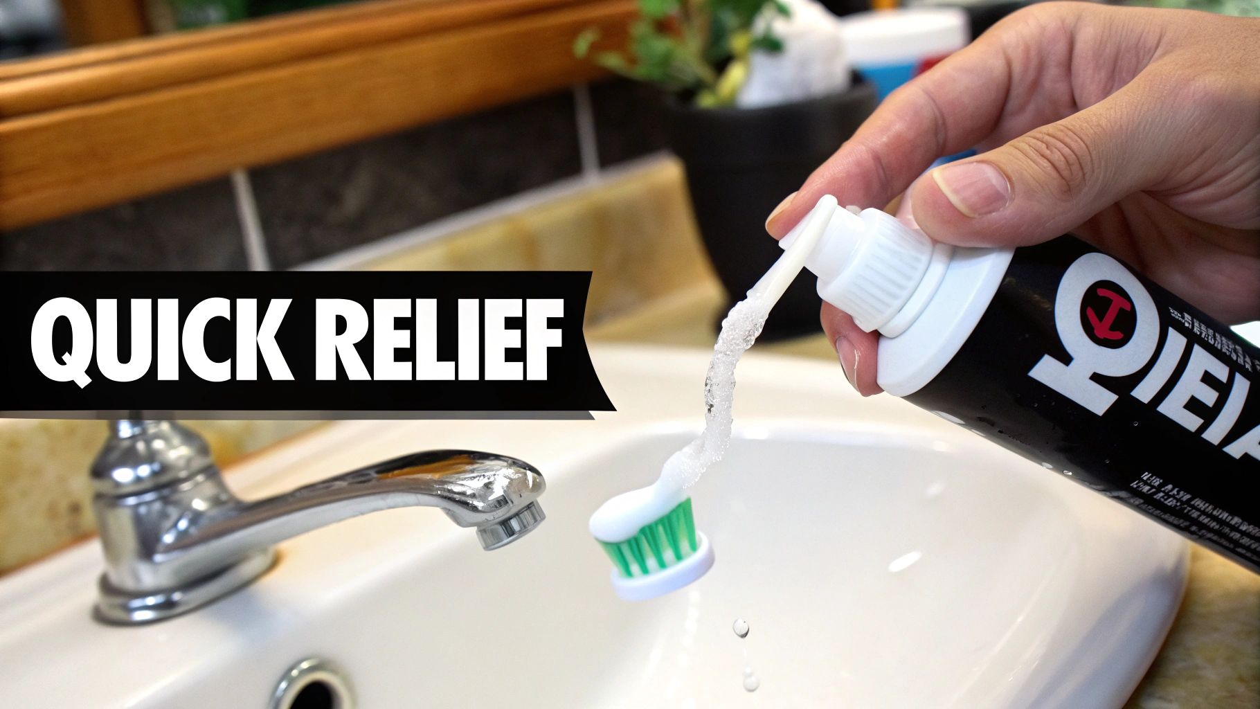 A hand applies toothpaste from a black tube onto a green toothbrush in a bathroom sink, with 'QUICK RELIEF' text.