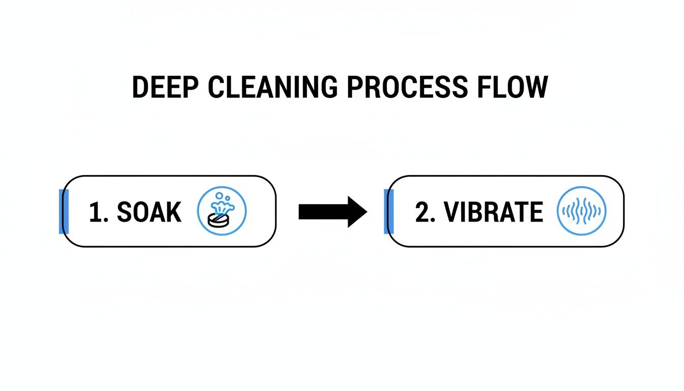 Deep cleaning process flow showing two steps: 1. Soak with a bubbles icon, and 2. Vibrate with a sound wave icon.