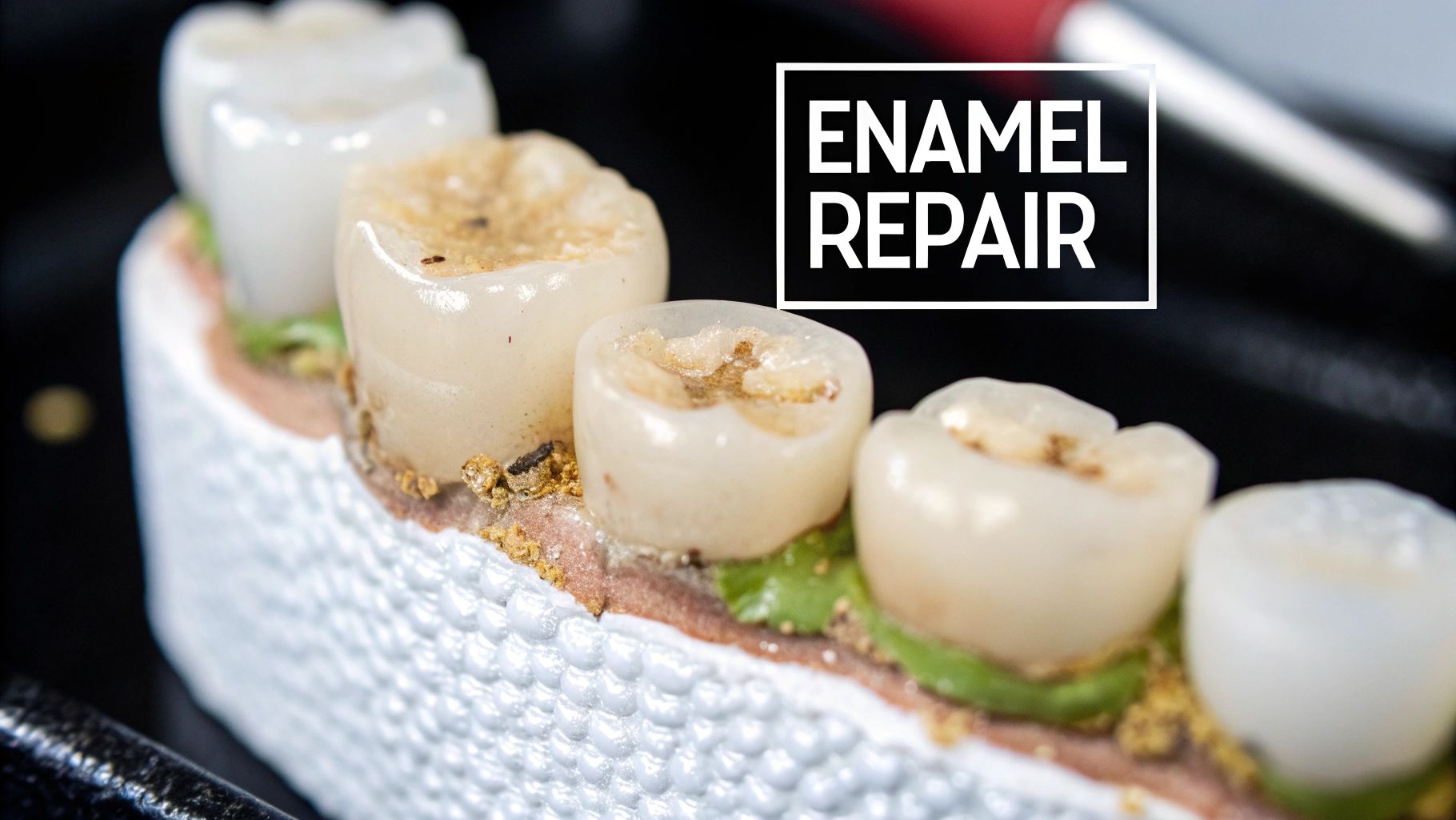 Close-up of a dental model displaying teeth with visible damage and the text 'ENAMEL REPAIR'.