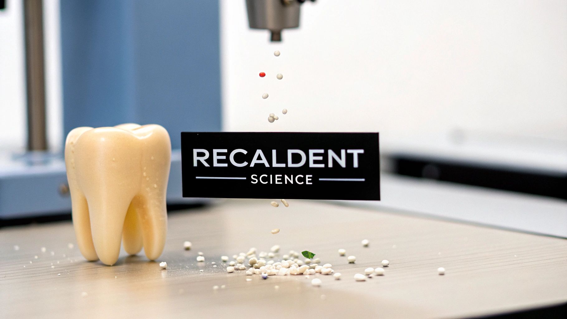 A tooth model with 'RECALDENT SCIENCE' sign, and white pellets falling onto a table, representing dental innovation.
