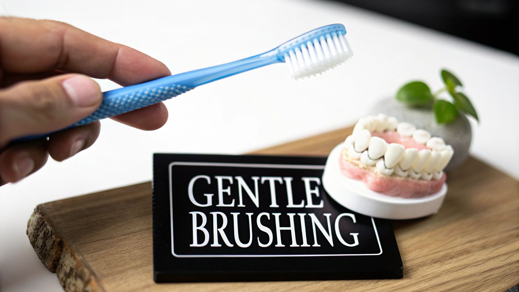 A hand holds a blue toothbrush over a dental model and a sign saying "GENTLE BRUSHING".