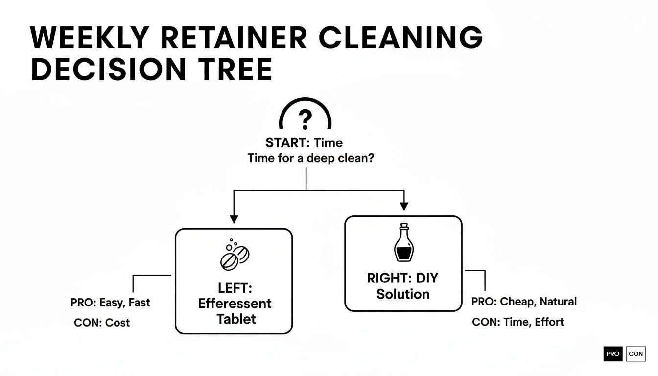 A decision tree flowchart for weekly retainer cleaning, comparing effervescent tablets and DIY solutions with pros and cons.