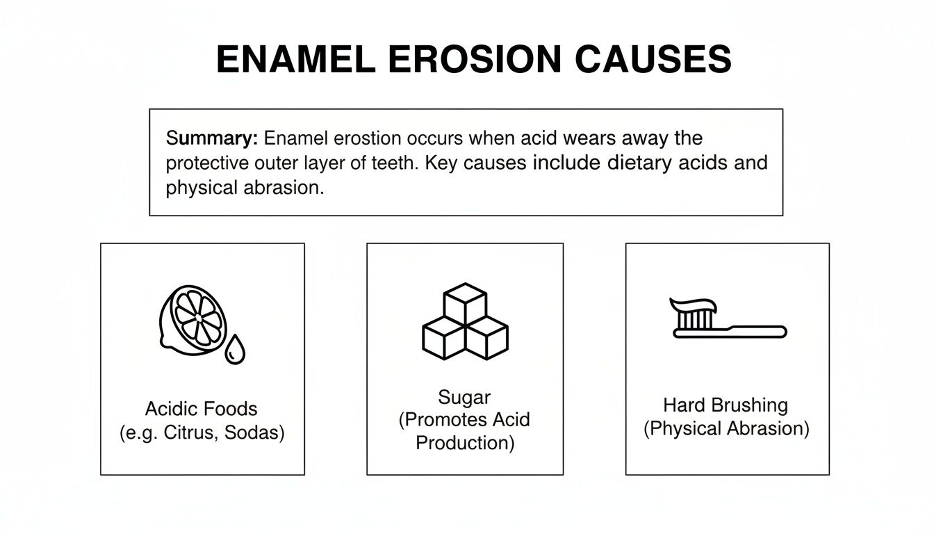 Infographic illustrating the causes of enamel erosion, including acidic foods, sugar, and hard brushing.