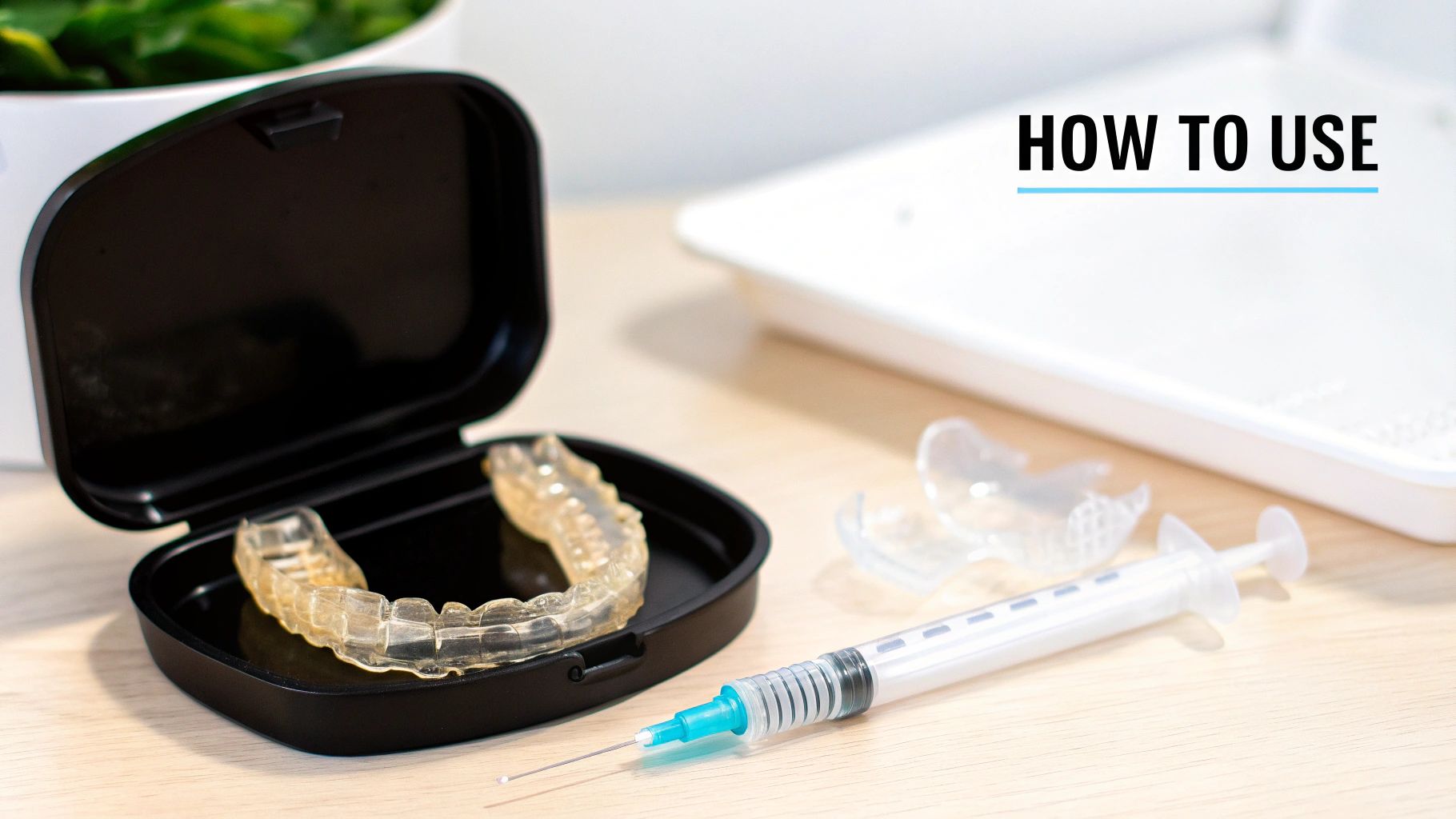 Clear dental bleaching trays in a black case with a syringe on a wooden table.