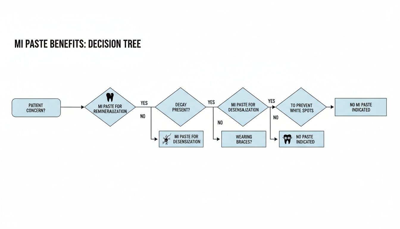 Decision tree illustrating the indications and benefits for using MI Paste for various dental concerns.