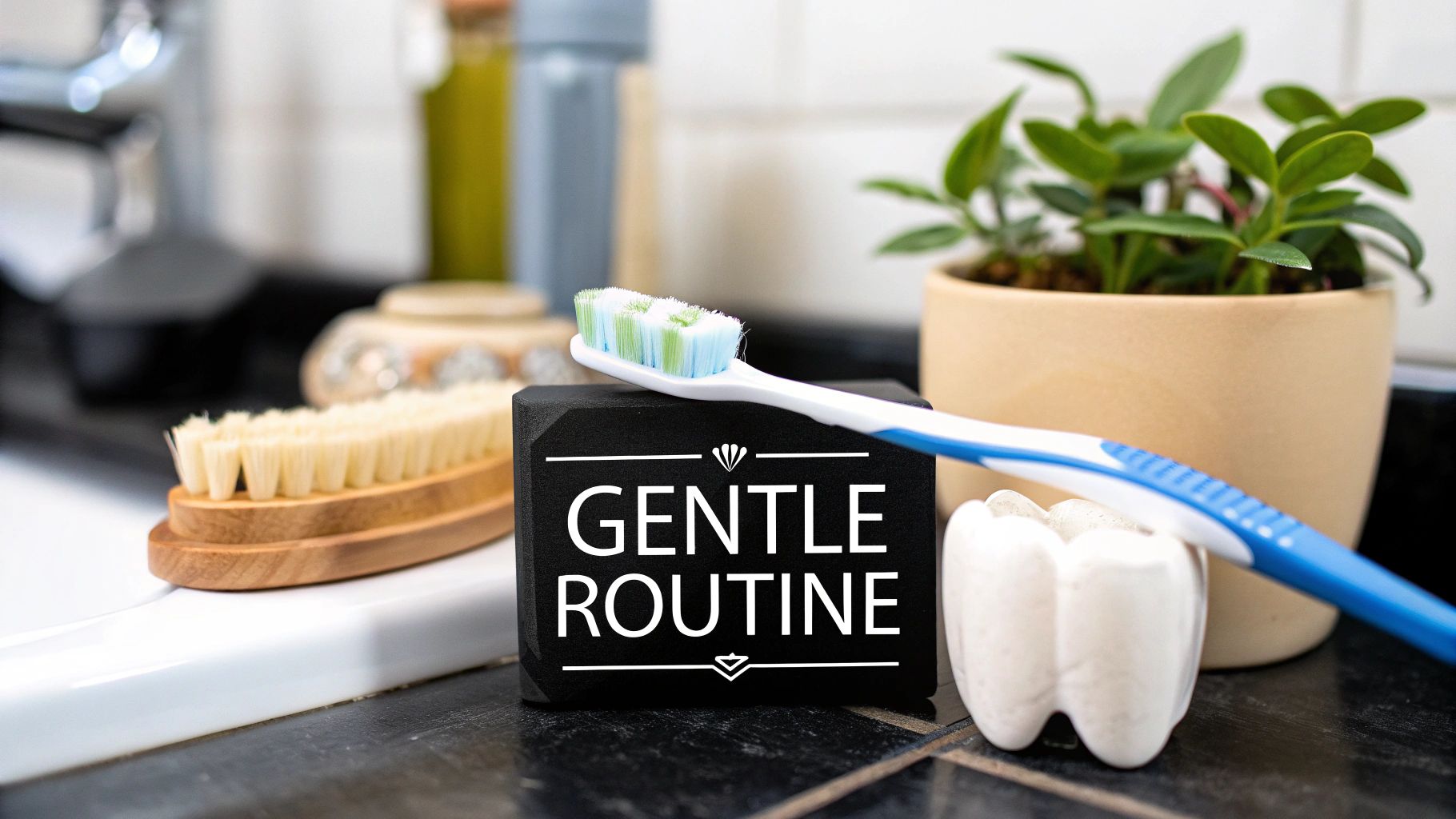 A toothbrush rests on a black block with 'GENTLE ROUTINE' text on a bathroom counter.