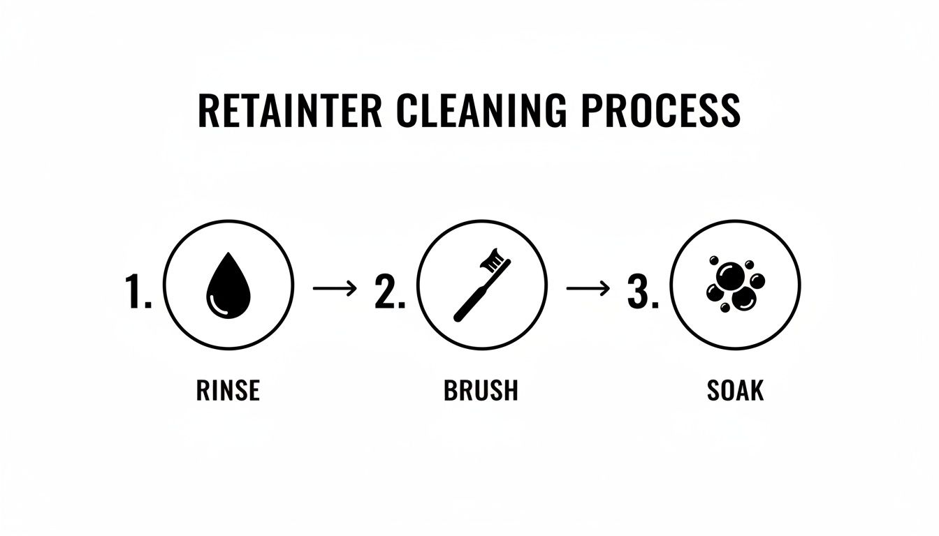 A three-step graphic illustrating the retainer cleaning process: 1. Rinse, 2. Brush, 3. Soak.